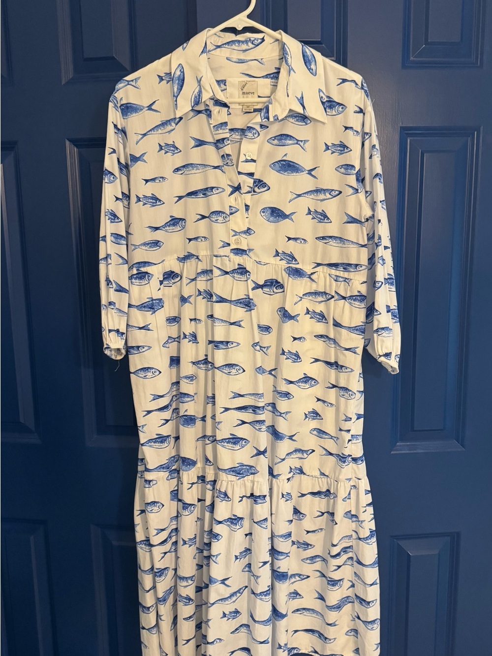 Maeve White Bettina Dress with Blue Fish Print
